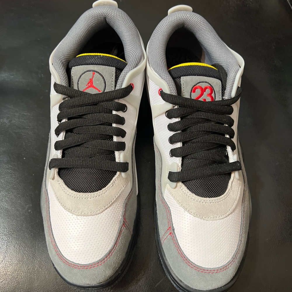 Jordan Red, Gray, and White Sneakers